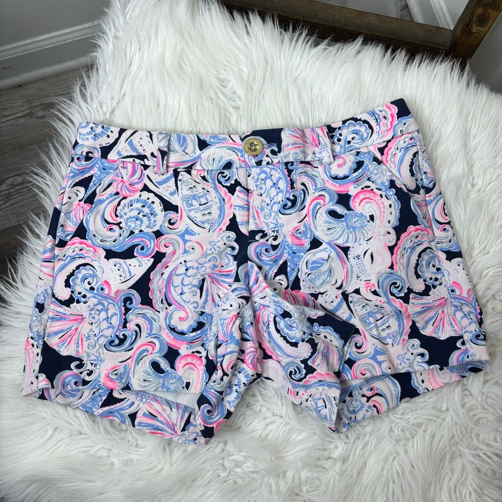 Lilly Pulitzer  Sz 0 Callahan Stretch Knit Shorts 5" Inseam Navy Shell Paisley